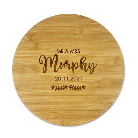 Round Wooden Mr. & Mrs. Engraved Cutting Board Gift Custom Names Wedding Anniversary