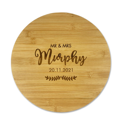 Round Wooden Mr. & Mrs. Engraved Cutting Board Gift Custom Names Wedding Anniversary