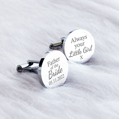 Engraved Stainless Steel Father of the Bride Always Your Little Girl Round Mens Wedding Cufflinks Gift with Custom Date