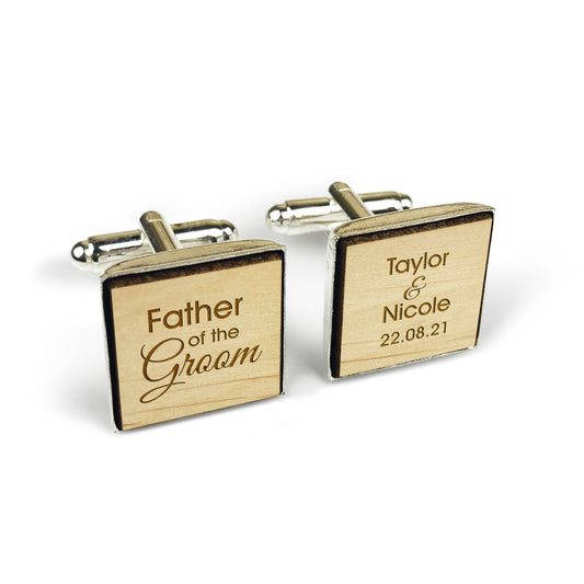 Father of the Bride Square Wooden Cufflinks with Wedding Role, Custom Date
