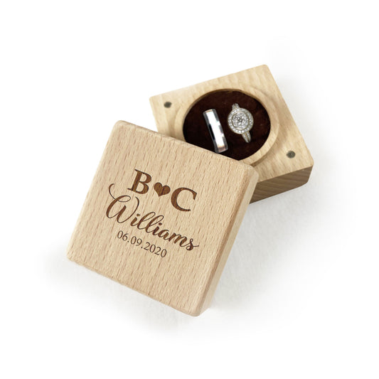 Square Wooden Ring box Gift Initial Last Name Date