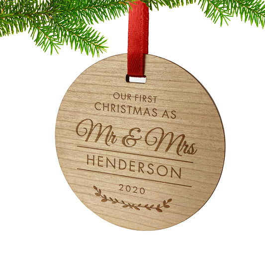 Engraved Wooden Round First Christmas Bauble Ornament Gift