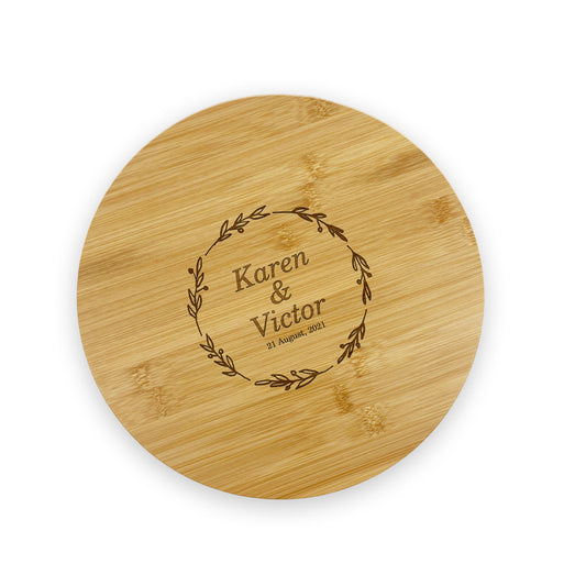 Round Wooden Cutting Board Love Couple Names & Date Engagement Gift