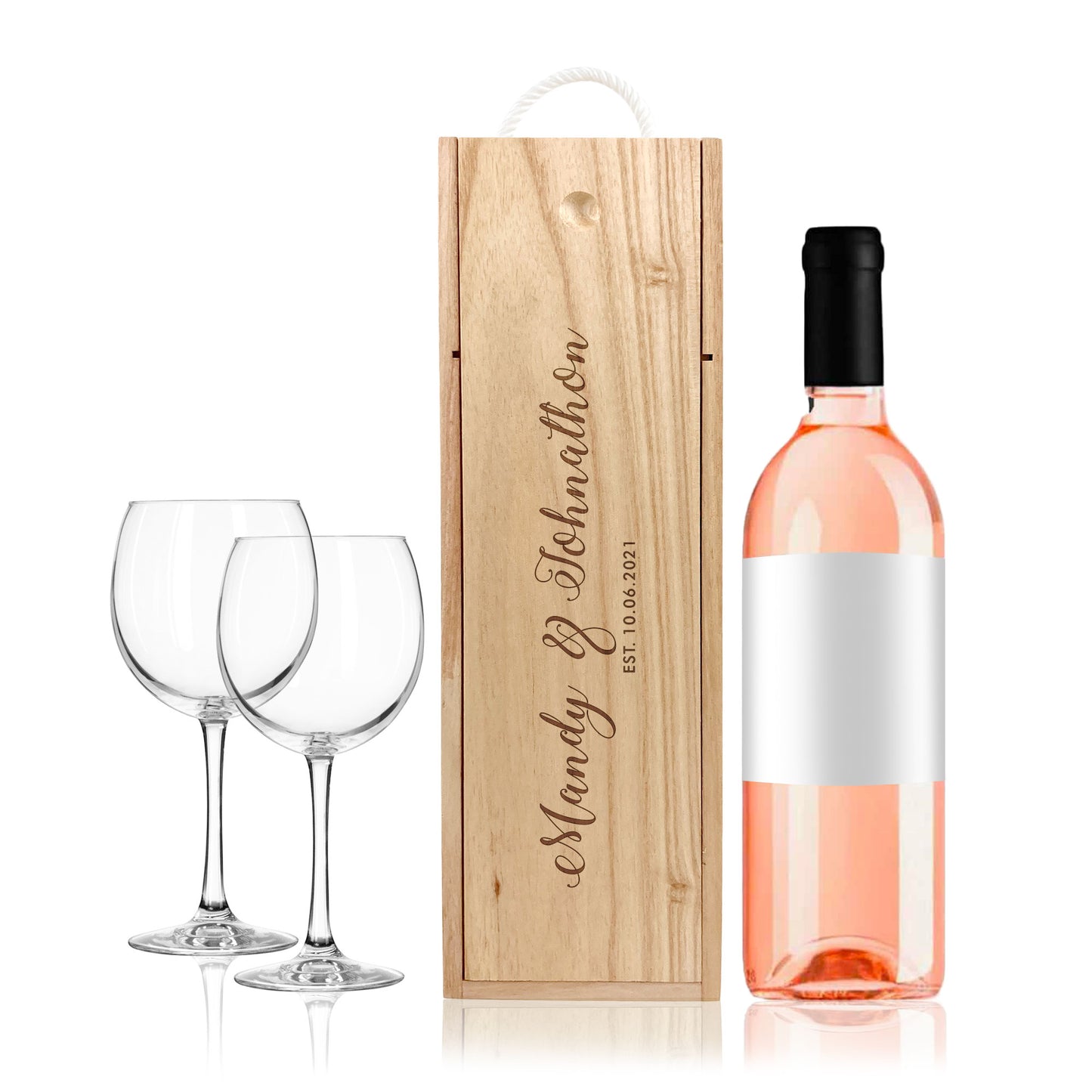 Engraved Wooden Wine Box With Rope Handle Wedding Anniversary Gift Custom Names & Date