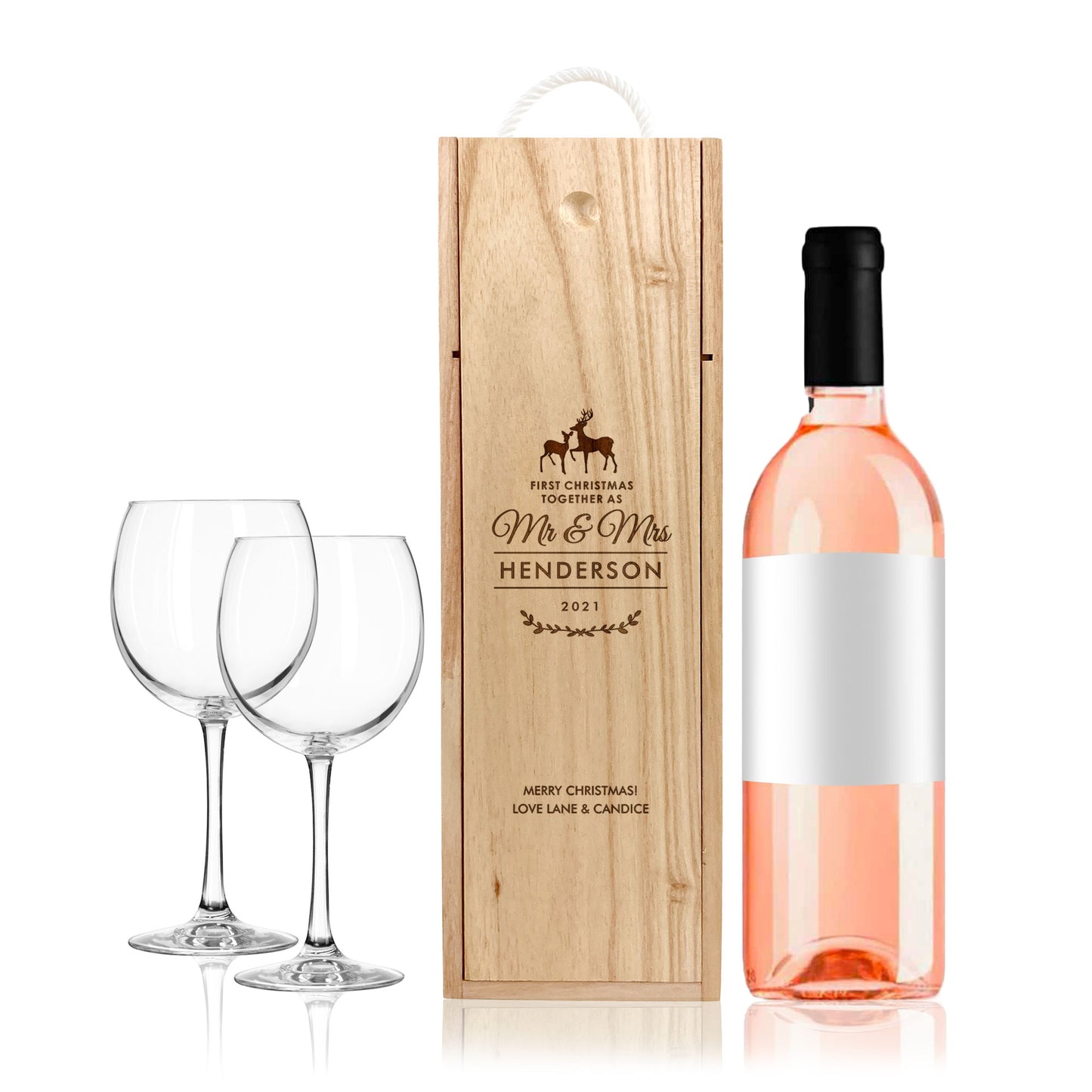 Engraved Wooden Wine Box Christmas New Year Custom Message Names