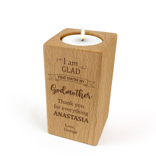 Engraved Wooden Tealight Candle Holder Gift I am Glad for Godfather Godmother Custom