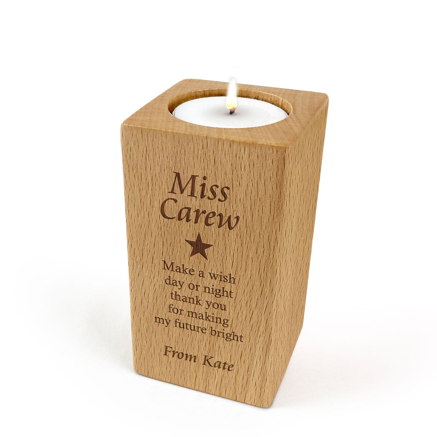 Engraved Wooden Tealight Candle Holder Gift for Teacher Custom Message Text