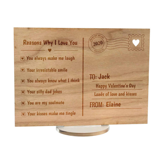 Wooden Engraved Reasons Why I Love You Valentines Day postcard Gift with stand