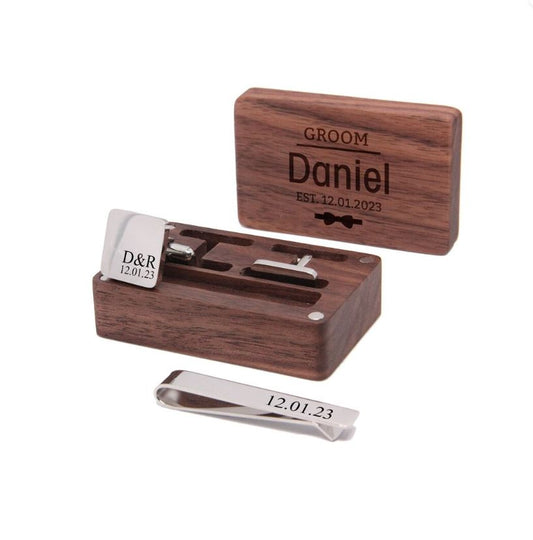 Personalised Engraved Stainless Steel Mens Square Cufflinks with Tie Pin & Box