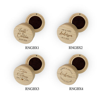 Engraved Round Wooden Ring box Gift Custom Names & Date Floral Frame