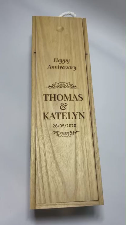 Wooden Wine Box with Engraved Custom Names & Date Anniversary Gift