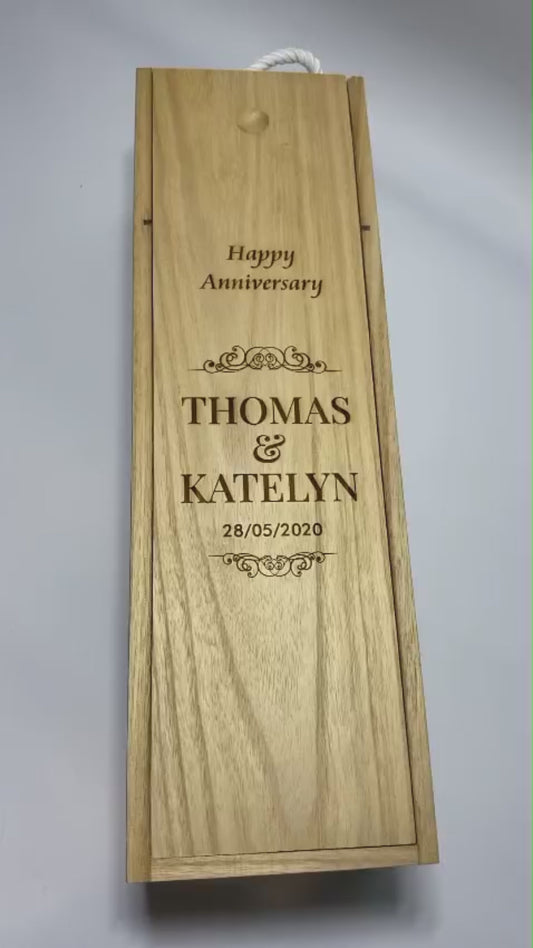 Wooden Wine Box with Engraved Custom Names & Date Anniversary Gift