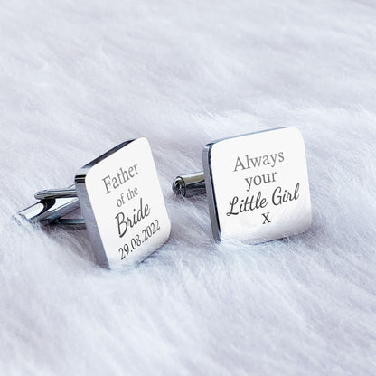 Personalised Engraved Stainless Steel Father of the Bride Always Your Little Girl Square Mens Wedding Cufflinks Gift with Custom Date
