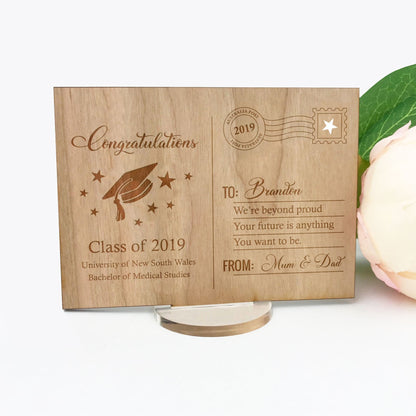 Personalised Engraved Wooden Graduation Post Card Gift with stand | Congratulations Message Mortarboard Cap Year Degree Names Star Stamp