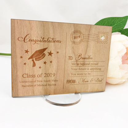 Personalised Engraved Wooden Graduation Post Card Gift with stand | Congratulations Message Mortarboard Cap Year Degree Names Star Stamp