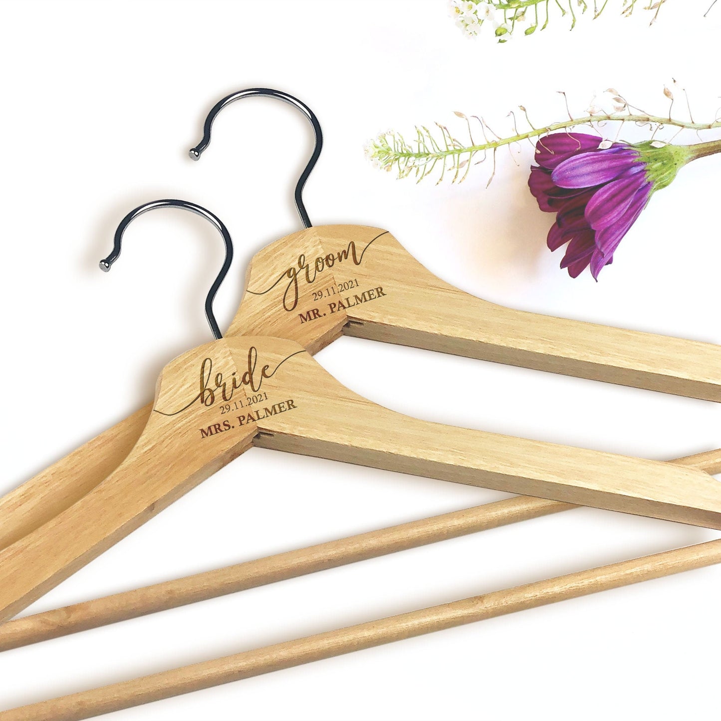 Set of 2 Personalised Engraved Wooden Bridal Dress & Coat Hangers for Bride and Groom | Wedding Day Gift | Custom Names Date
