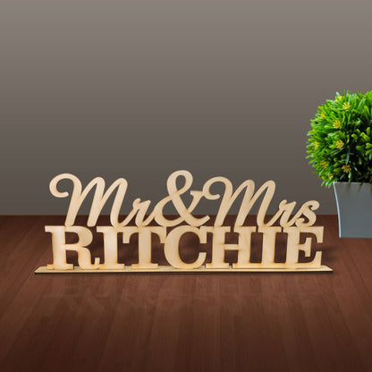 Personalised Mr & Mrs Wooden Rustic Wedding Table Sign with Surname Last name in Wood Veneer