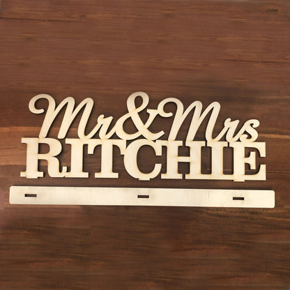 Personalised Mr & Mrs Wooden Rustic Wedding Table Sign with Surname Last name in Wood Veneer