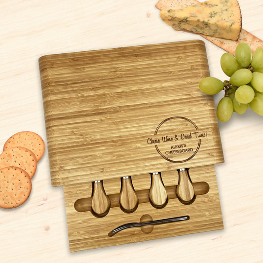 Personalised Wooden Cheese Board & Knives Gift Set Custom Name | Fathers Day Mothers Day Birthday Christmas | Cheese Wine Good Times