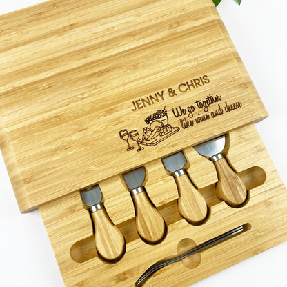 Personalised Engraved Wooden Cheese Board Gift Set with Knives | Custom Names Date Text | Wedding Anniversary Engagement House warming