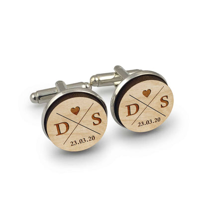 Initials Love Heart Date Round Wooden Engraved Cufflinks