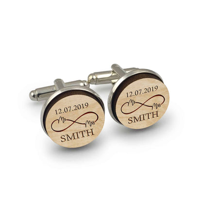 Mr & Mrs Round wooden Infinity Shirt Cuff Links Gift