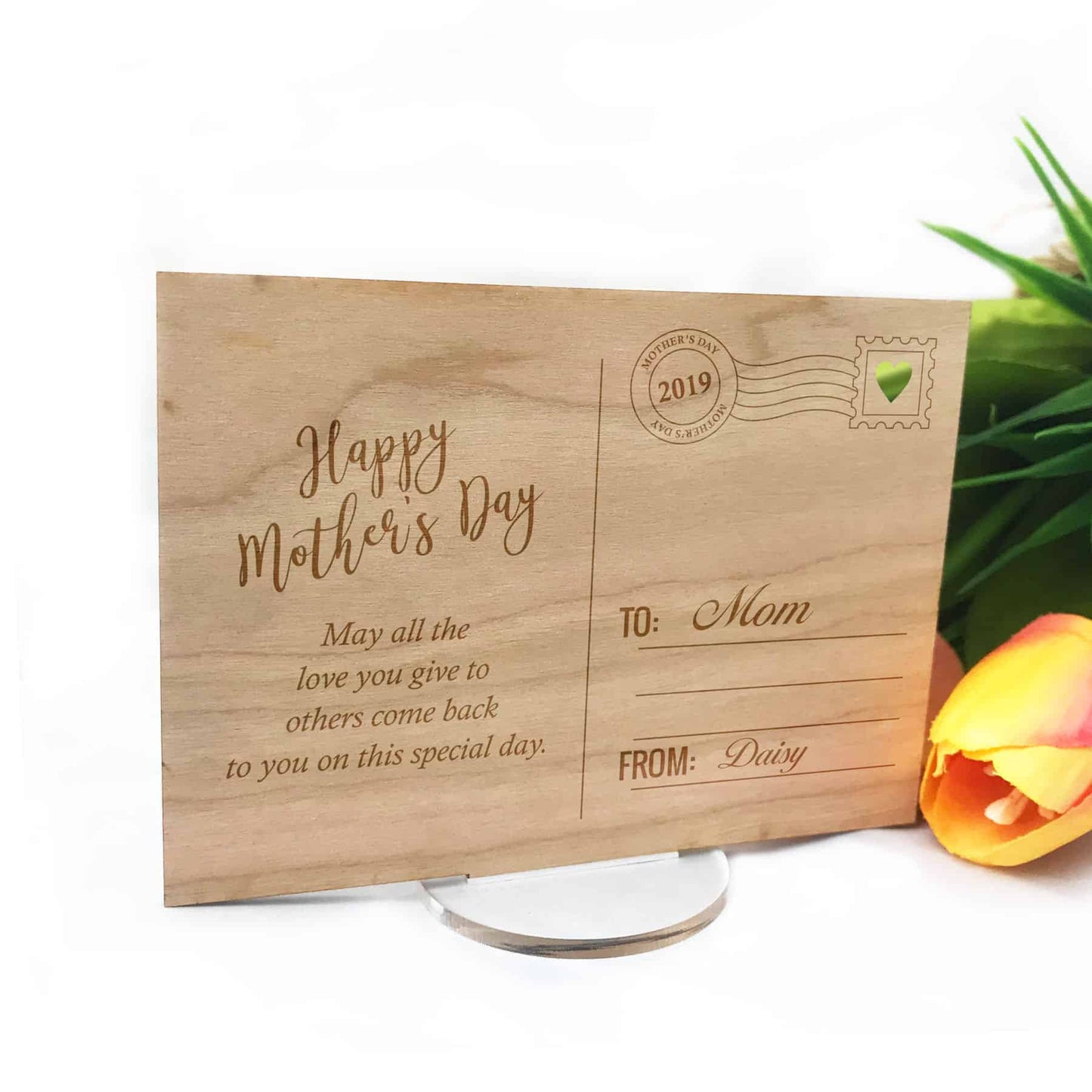 Wooden post card Gift with stand for Mothers day Birthday Special Occasion