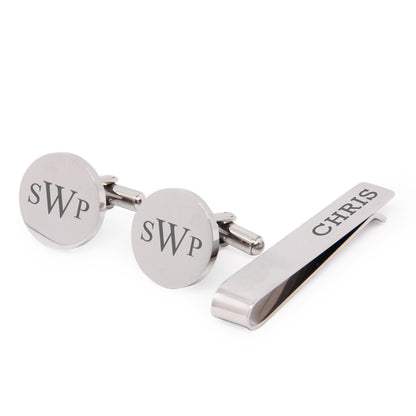 Personalised Engraved Stainless Steel Mens Round Cufflinks with Tie Pin Set