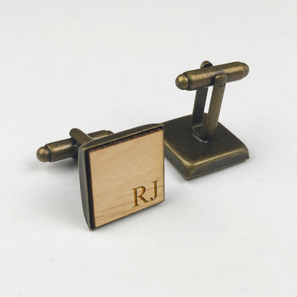 Square Wooden Initials Mens Cufflinks With Git Pouch