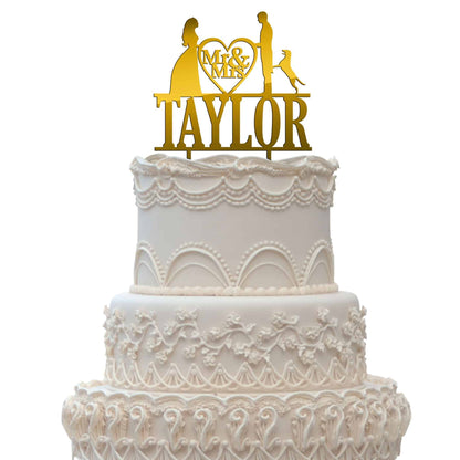 Mr & Mrs Wedding Cake Topper With Last Name Dog Pet Bride & groom