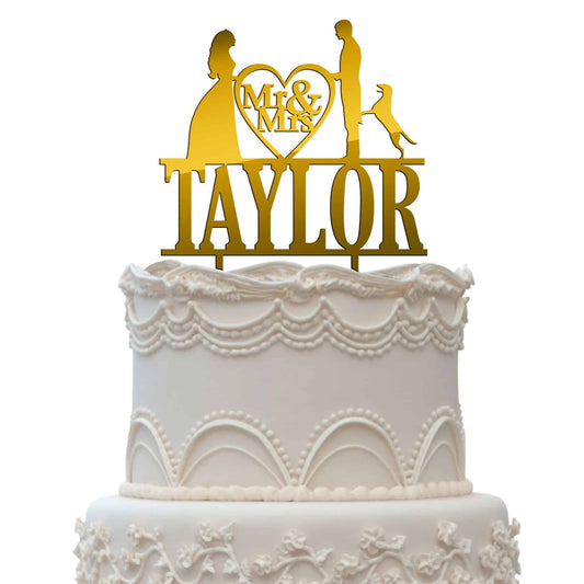Mr & Mrs Wedding Cake Topper With Last Name Dog Pet Bride & groom