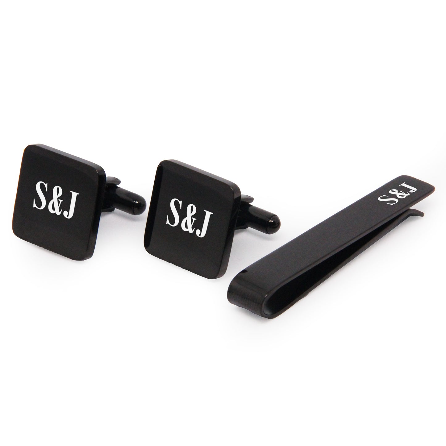 Personalised Engraved Stainless Steel Mens Square Cufflinks with Tie Pin Set