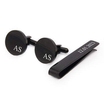 Personalised Engraved Stainless Steel Mens Round Cufflinks with Tie Pin Set