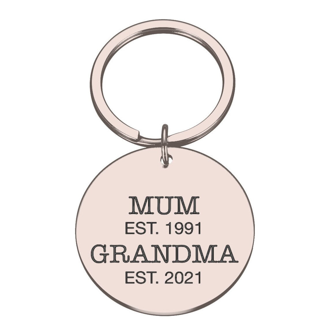 Engraved Round Metal Keyring Gift | Mum est. Grandma est.