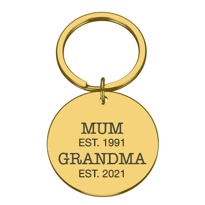 Engraved Round Metal Keyring Gift | Mum est. Grandma est.