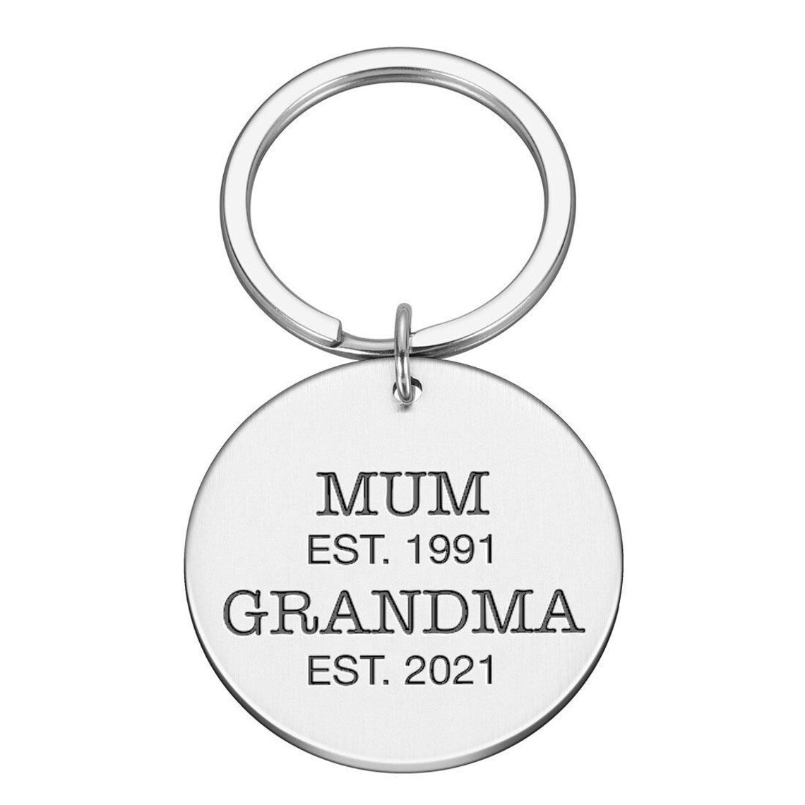 Engraved Round Metal Keyring Gift | Mum est. Grandma est.