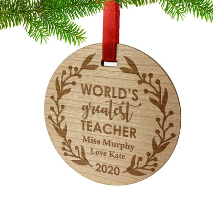 Engraved Wooden Round Christmas Bauble Ornament Gift for Teacher