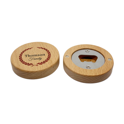 10 X Personalised Engraved Round Wooden Bottle Opener
