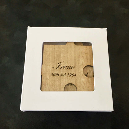 Wooden jigsaw coasters with names tea coffee drinks