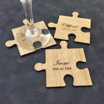 Wooden jigsaw coasters with names tea coffee drinks