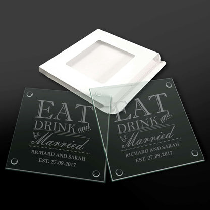 Engraved 2 x  Glass Coasters for Wedding