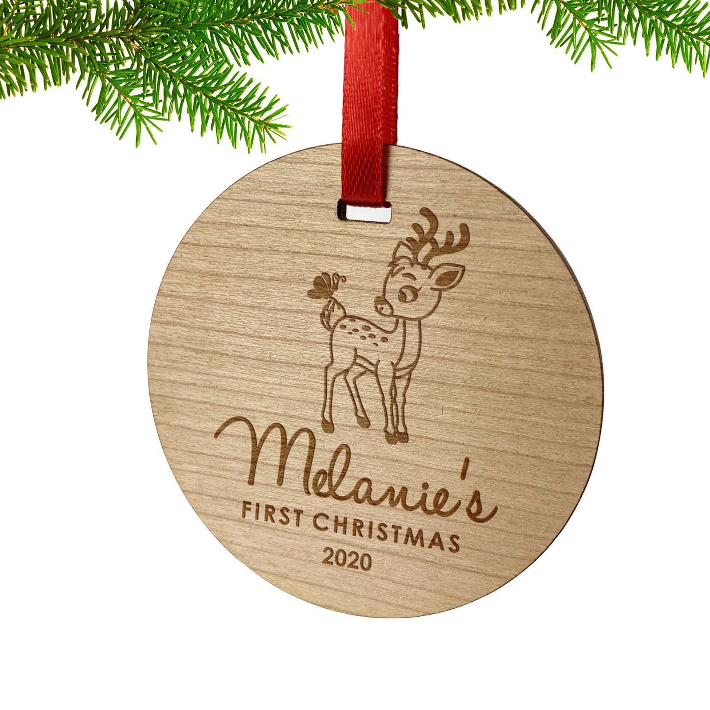 Reindeer Babys First Christmas Round Wooden Ornament