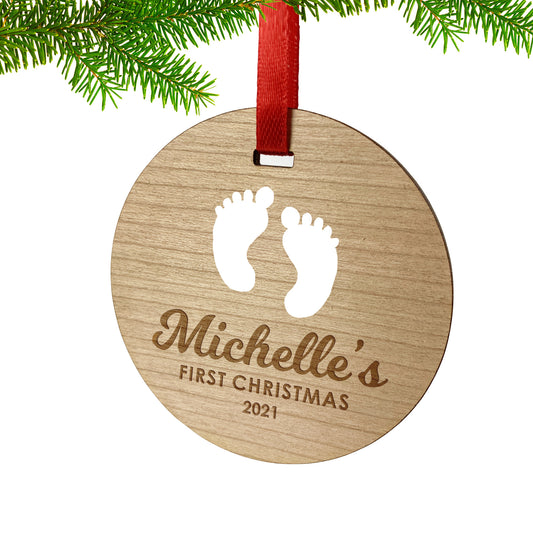 Baby Footprints First Christmas Round Wooden Ornament