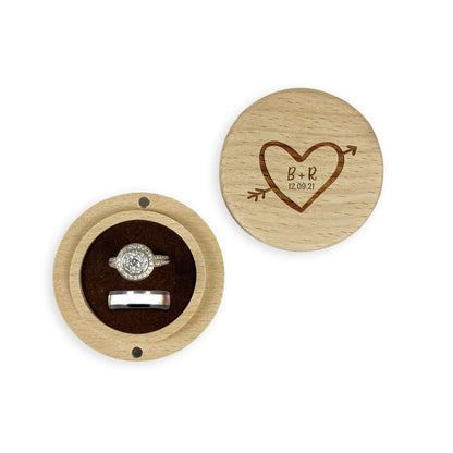 Engraved Round Wooden Ring box Gift Custom Initials & Date Love Heart Frame