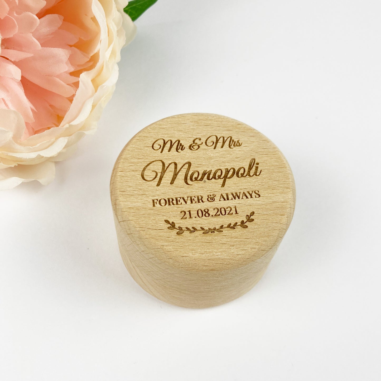 Round Wooden Engraved Mr. & Mrs. Forever Always Ring Holder Gift Box