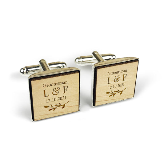 Best Man & Groomsman Square Wooden Cufflinks with Initials & Date