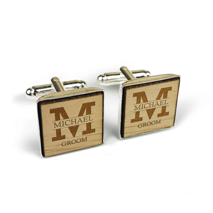Square Wooden Initial Name and Title Wedding Cufflinks Gift
