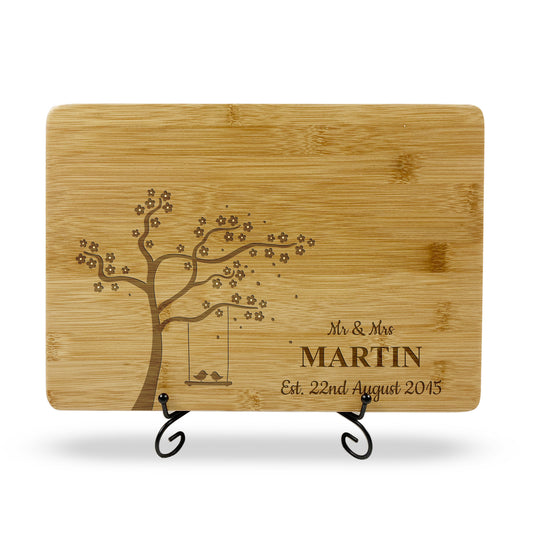 Chopping Board with Birds on Tree Swing and Names & Date