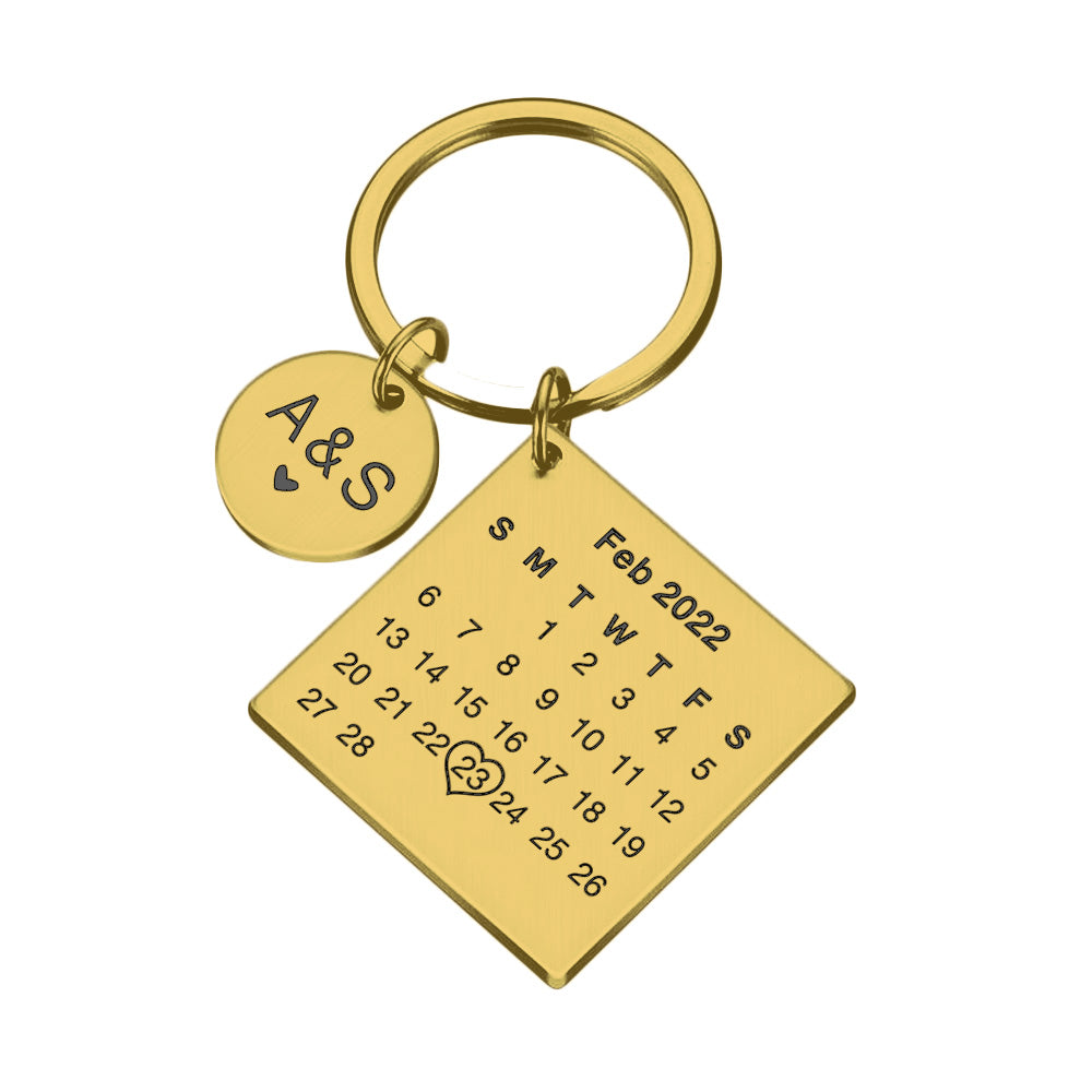 Engraved Calendar Keyring Gift| Date Highlighted with a Heart Custom Text Keychain