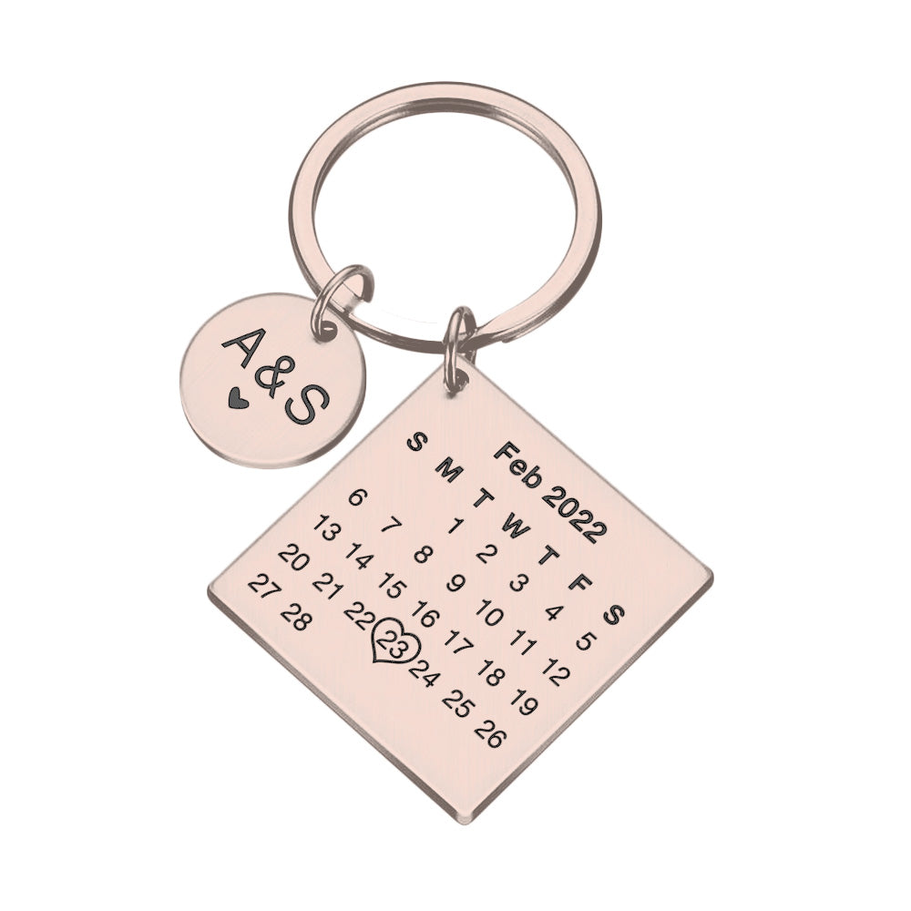 Engraved Calendar Keyring Gift| Date Highlighted with a Heart Custom Text Keychain